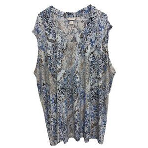 CJ Banks Womens Top Size 3X Blue White Printed Stretch Cap Sleeve Casual